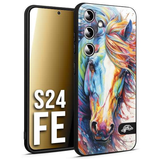 CUSTOMIZZA - Custodia cover nera morbida in tpu compatibile per Samsung S24 FE animali color cavallo horse viso colori vibranti disegnato schizzo
