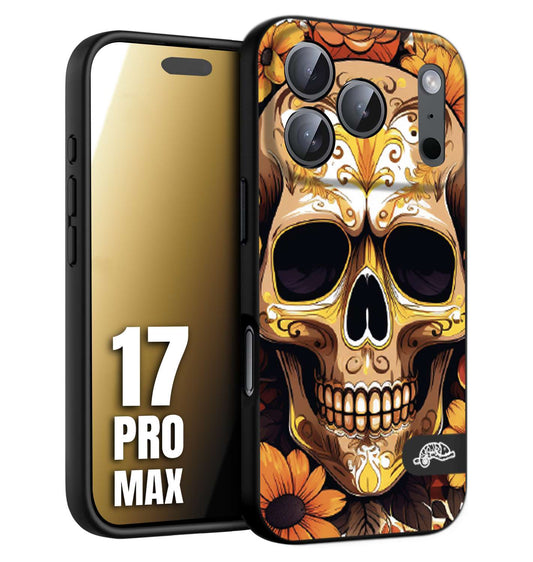 CUSTOMIZZA - Custodia cover nera morbida in tpu compatibile per iPhone 17 PRO MAX teschio messicano colorato dorato fiori tattoo disegnato