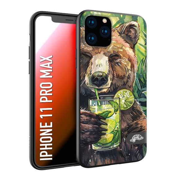 CUSTOMIZZA - Custodia cover nera morbida in tpu compatibile per iPhone 11 PRO MAX estate disegnata cocktails animali simpatici orso bear negroni