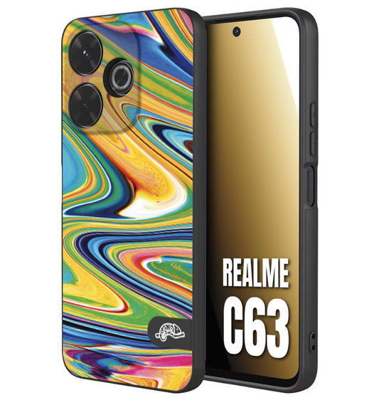 CUSTOMIZZA - Custodia cover nera morbida in tpu compatibile per Realme C63 colorata fantasia vortice marmo arcobaleno gialla verde blu