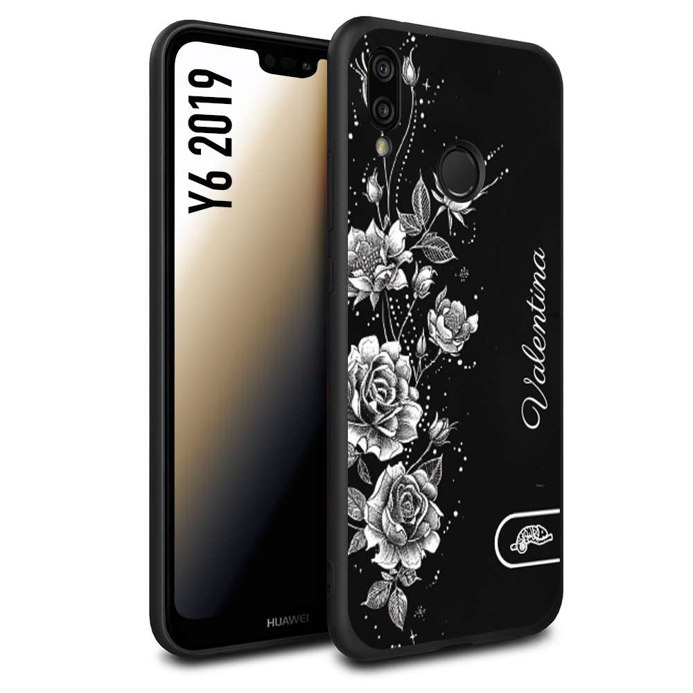 CUSTOMIZZA - Custodia cover nera morbida in tpu compatibile per Huawei Y6 2019 a rilievo soft touch personalizzata nome rose fiori donna