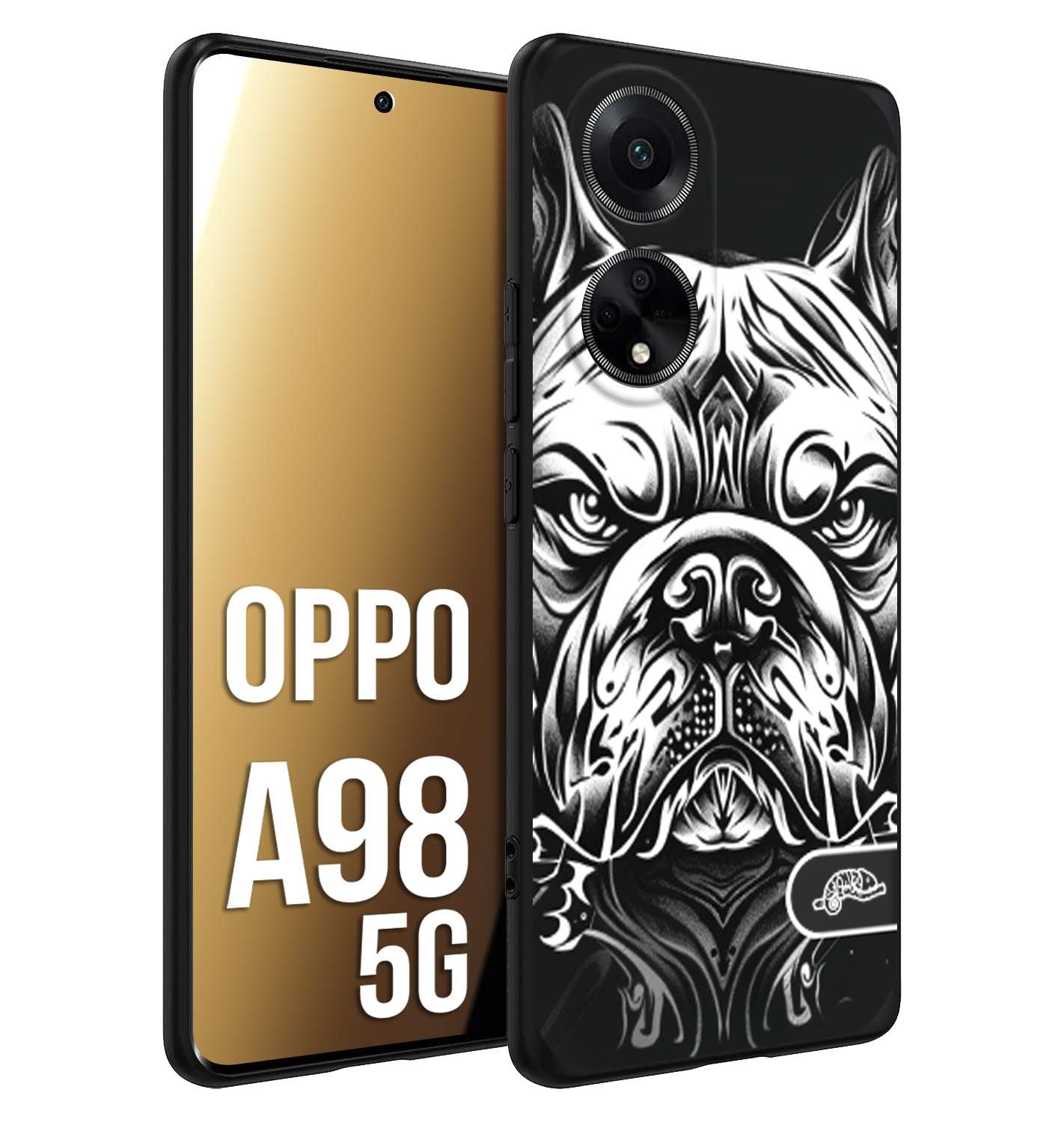 CUSTOMIZZA - Custodia cover nera morbida in tpu compatibile per Oppo A98 5G bulldog bianco a rilievo disegnato tattoo tatuaggio