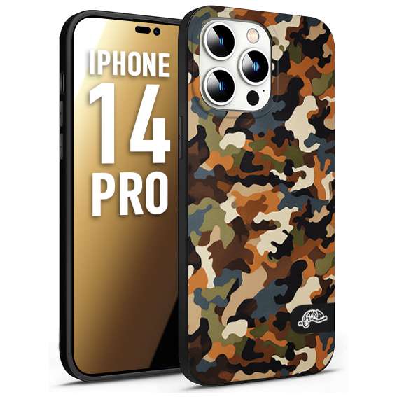 CUSTOMIZZA - Custodia cover nera morbida in tpu compatibile per iPhone 14 PRO camouflage mimetico militare moderno blu marrone beige