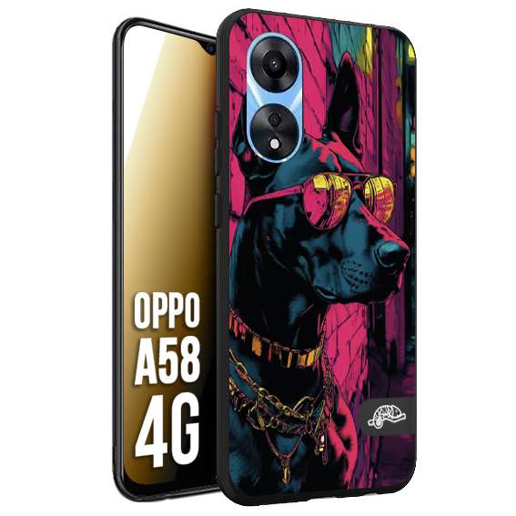 CUSTOMIZZA - Custodia cover nera morbida in tpu compatibile per Oppo A58 4G animali cyberpunk dobermann cane street dog fucsia blu