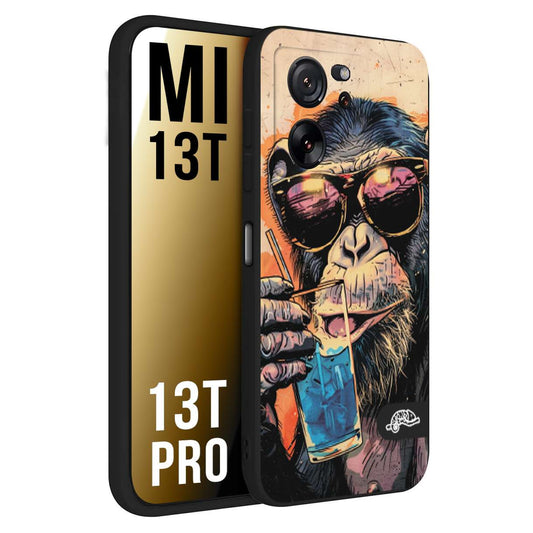 CUSTOMIZZA - Custodia cover nera morbida in tpu compatibile per Xiaomi 13T - 13T PRO estate disegnata cocktails animali simpatici scimmia monkey negroni