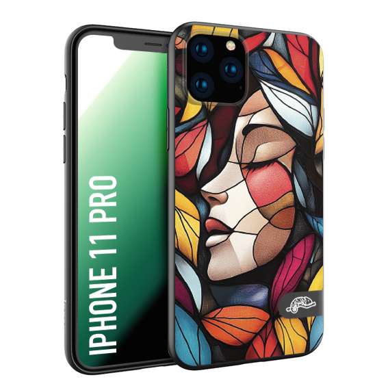 CUSTOMIZZA - Custodia cover nera morbida in tpu compatibile per iPhone 11 PRO Vetrata artistica volto di donna profilo fogliare mosaico di vetro colorato