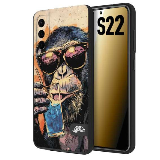 CUSTOMIZZA - Custodia cover nera morbida in tpu compatibile per Samsung S22 estate disegnata cocktails animali simpatici scimmia monkey negroni