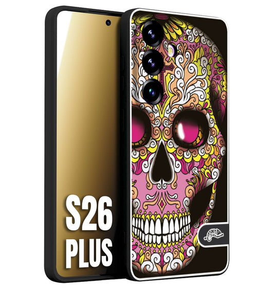 CUSTOMIZZA - Custodia cover nera morbida in tpu compatibile per Samsung S26 PLUS teschio messicano Mexican skull rosa gialla
