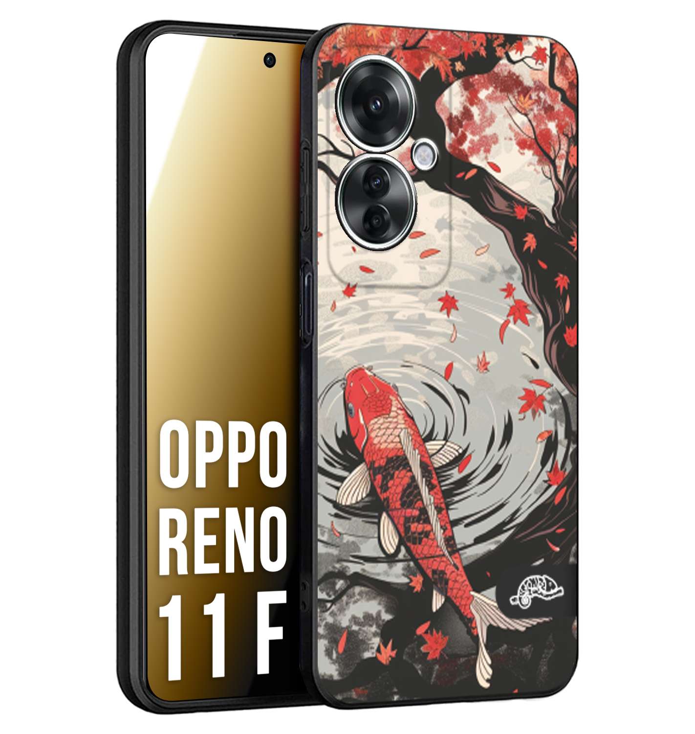 CUSTOMIZZA - Custodia cover nera morbida in tpu compatibile per Oppo Reno 11 F 5G giapponese lago carpa koi rossa con foglie d'acero rosso disegnata tattoo