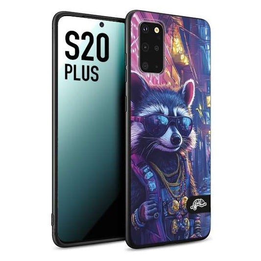 CUSTOMIZZA - Custodia cover nera morbida in tpu compatibile per Samsung S20 PLUS animali simpatici cyberpunk procione racoon street cat fucsia blu giallo