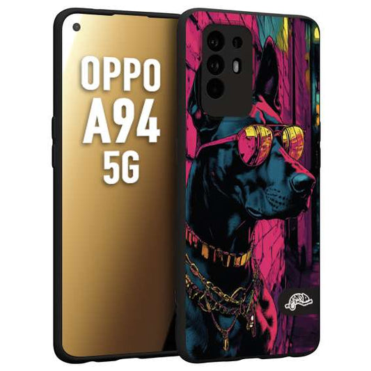 CUSTOMIZZA - Custodia cover nera morbida in tpu compatibile per Oppo A94 5G animali cyberpunk dobermann cane street dog fucsia blu