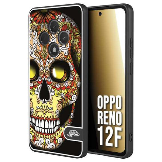 CUSTOMIZZA - Custodia cover nera morbida in tpu compatibile per Oppo Reno 12F teschio messicano Mexican skull giallo rosso arancio