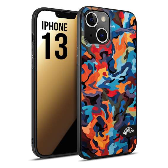 CUSTOMIZZA - Custodia cover nera morbida in tpu compatibile per iPhone 13 camouflage mimetico militare moderno blu arancio rosso