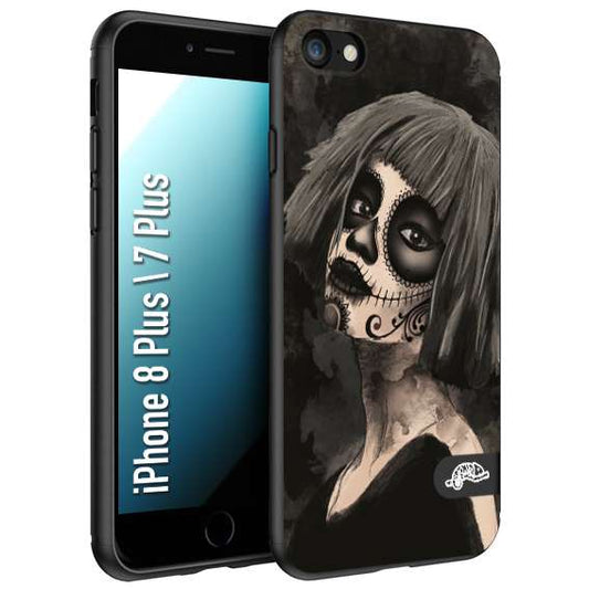 CUSTOMIZZA - Custodia cover nera morbida in tpu compatibile per iPhone 7 Plus - 8 plus chicana messicana dea de la muerte donna santa tattoo disegnata