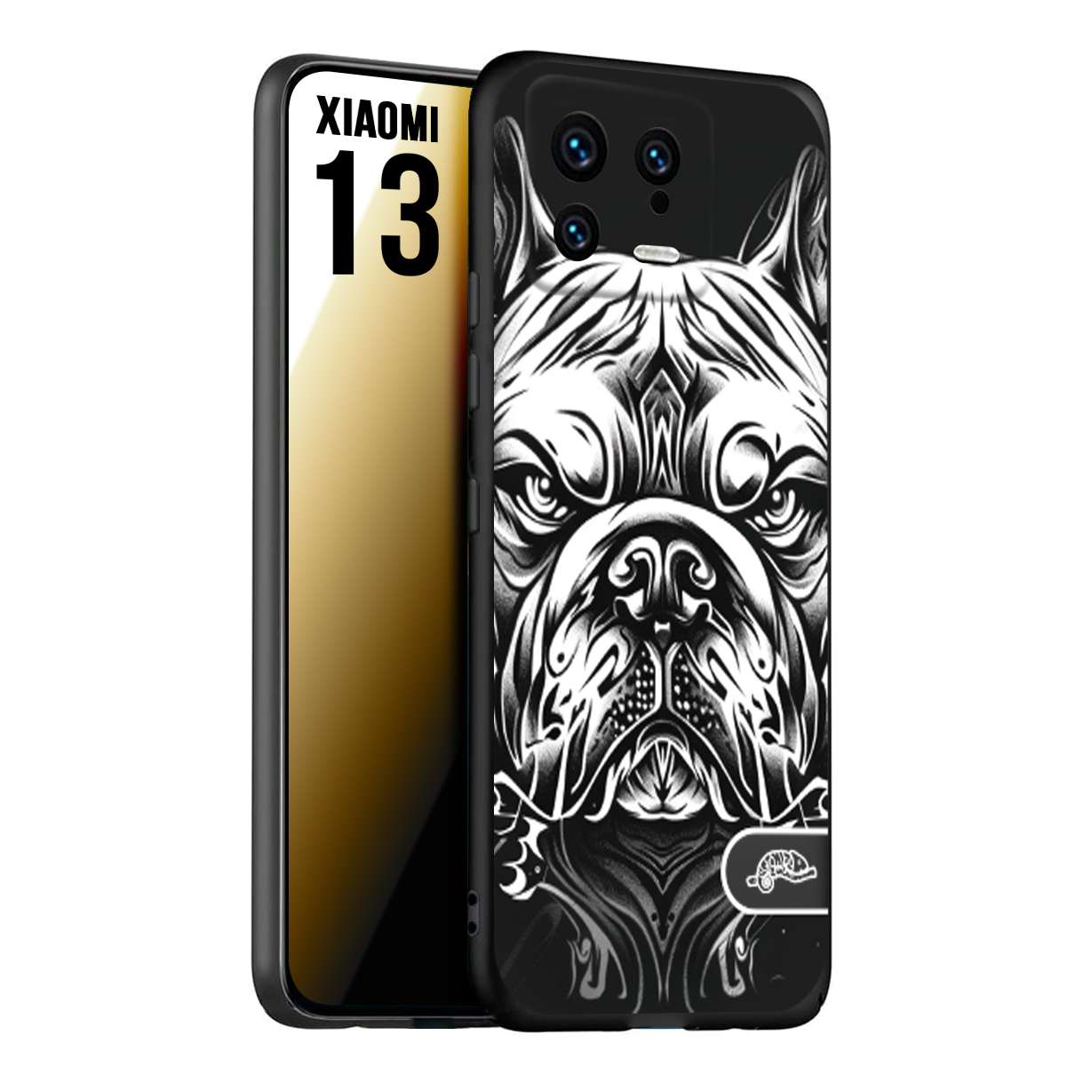 CUSTOMIZZA - Custodia cover nera morbida in tpu compatibile per Xiaomi 13 bulldog bianco a rilievo disegnato tattoo tatuaggio