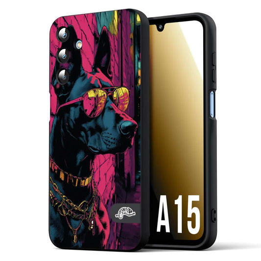 CUSTOMIZZA - Custodia cover nera morbida in tpu compatibile per Samsung A15 5G animali cyberpunk dobermann cane street dog fucsia blu