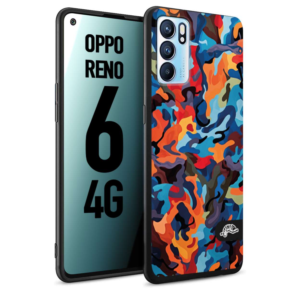 CUSTOMIZZA - Custodia cover nera morbida in tpu compatibile per Oppo Reno 6 4G camouflage mimetico militare moderno blu arancio rosso