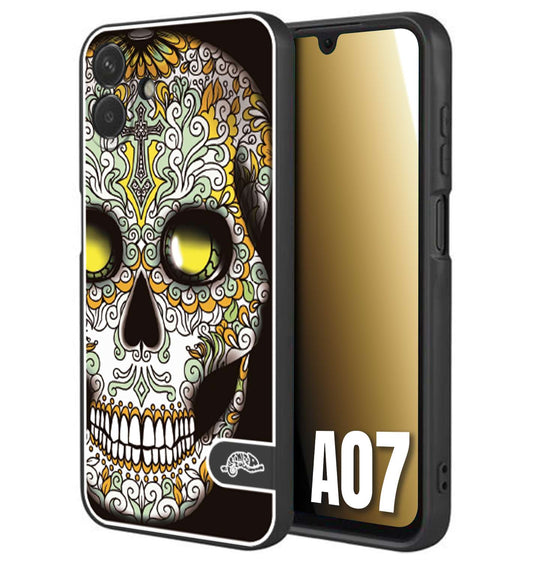 CUSTOMIZZA - Custodia cover nera morbida in tpu compatibile per Samsung A07 teschio messicano Mexican skull bianco verde giallo