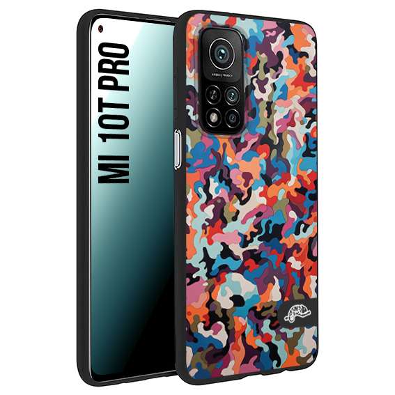 CUSTOMIZZA - Custodia cover nera morbida in tpu compatibile per Xiaomi Mi 10T PRO camouflage mimetico militare moderno blu arancio rosa