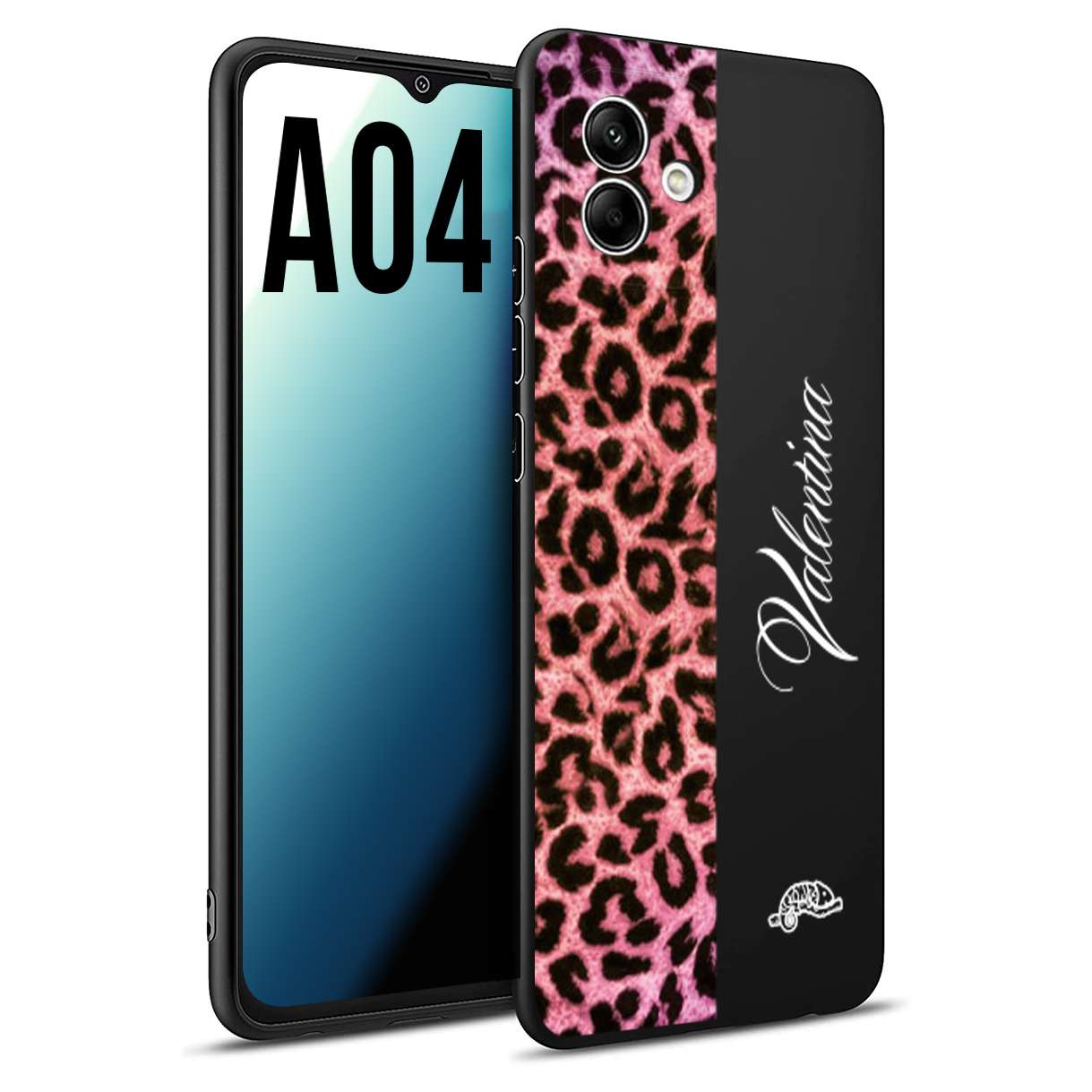 CUSTOMIZZA - Custodia cover nera morbida in tpu compatibile per Samsung A04 leopardato rosa fucsia personalizzata nome iniziali