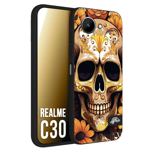CUSTOMIZZA - Custodia cover nera morbida in tpu compatibile per Realme C30 teschio messicano colorato dorato fiori tattoo disegnato