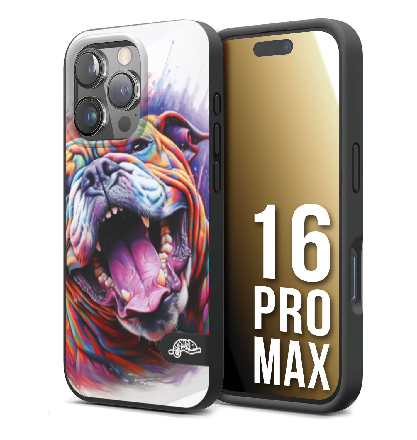 CUSTOMIZZA - Custodia cover nera morbida in tpu compatibile per iPhone 16 PRO MAX animali color bulldog cane dog colori vibranti disegnato schizzo