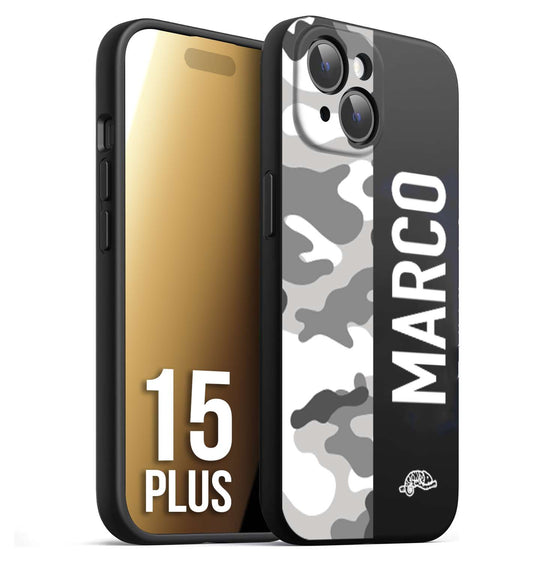 CUSTOMIZZA - Custodia cover nera morbida in tpu compatibile per iPhone 15 PLUS camouflage mimetico militare personalizzata nome bianco