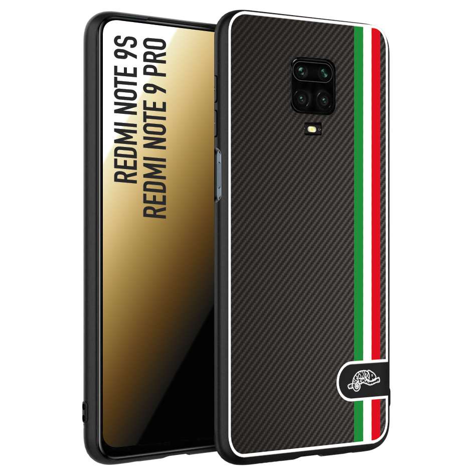 CUSTOMIZZA - Custodia cover nera morbida in tpu compatibile per Xiaomi Redmi Note 9S - Note 9 PRO effetto fibra di carbonio bandiera Italia made in Italy