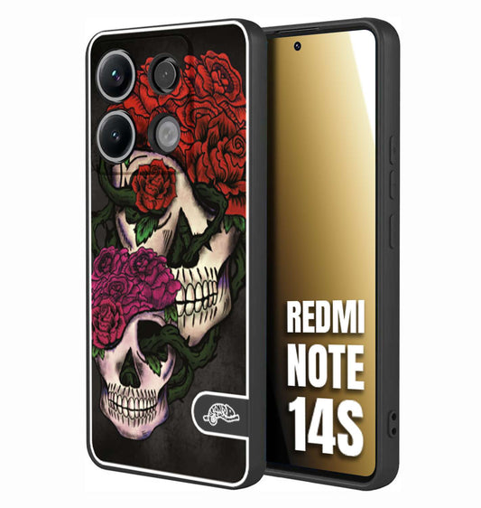 CUSTOMIZZA - Custodia cover nera morbida in tpu compatibile per Xiaomi Redmi Note 14S teschi e rose rosse fucsia skull and roses