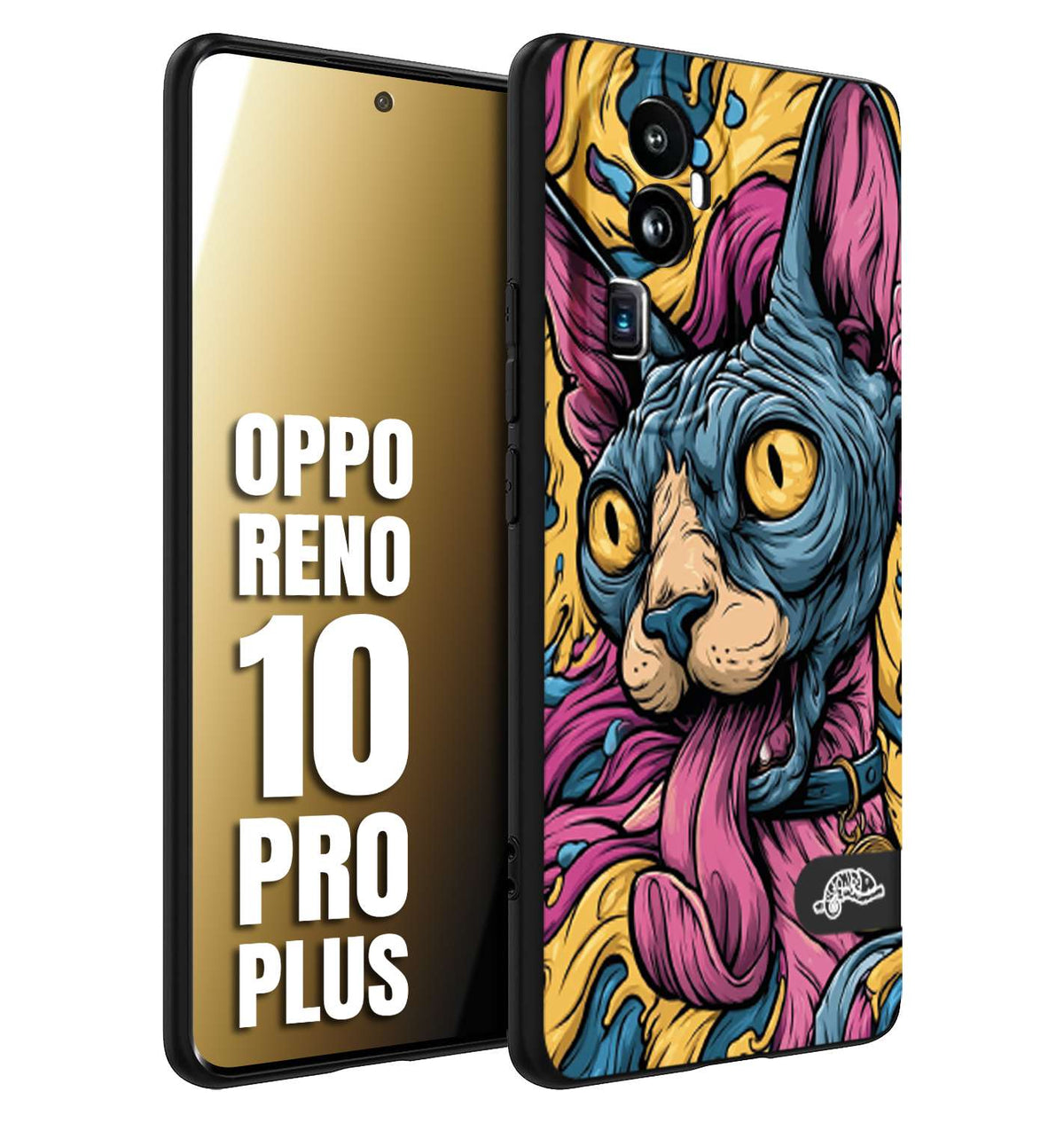 CUSTOMIZZA - Custodia cover nera morbida in tpu compatibile per Oppo Reno 10 PRO PLUS Sphynx Colorato Pop Art Psichedelico Gatto Blu Rosa Giallo Artistica Fantasy