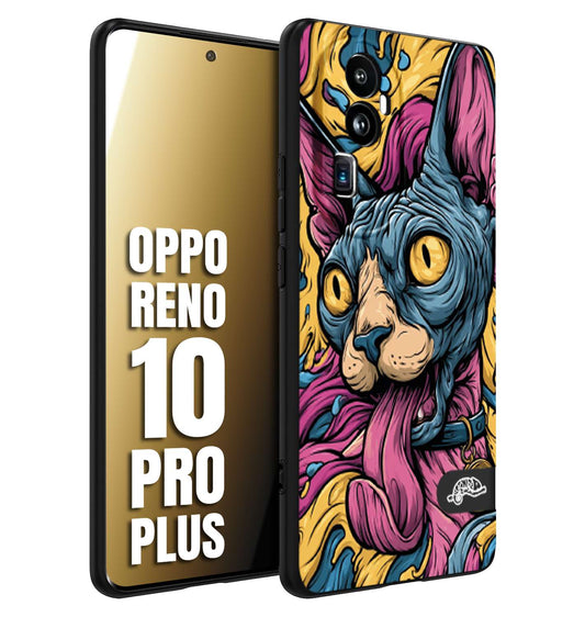 CUSTOMIZZA - Custodia cover nera morbida in tpu compatibile per Oppo Reno 10 PRO PLUS Sphynx Colorato Pop Art Psichedelico Gatto Blu Rosa Giallo Artistica Fantasy