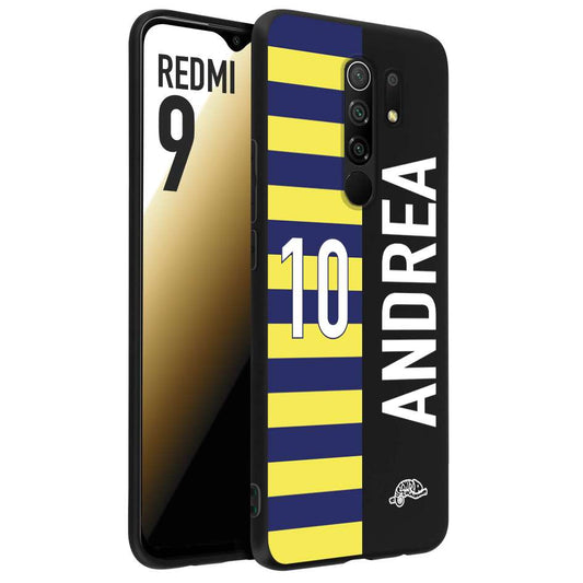 CUSTOMIZZA - Custodia cover nera morbida in tpu compatibile per Xiaomi Redmi 9 personalizzata calcio football nome e numero calciatori giallo blu
