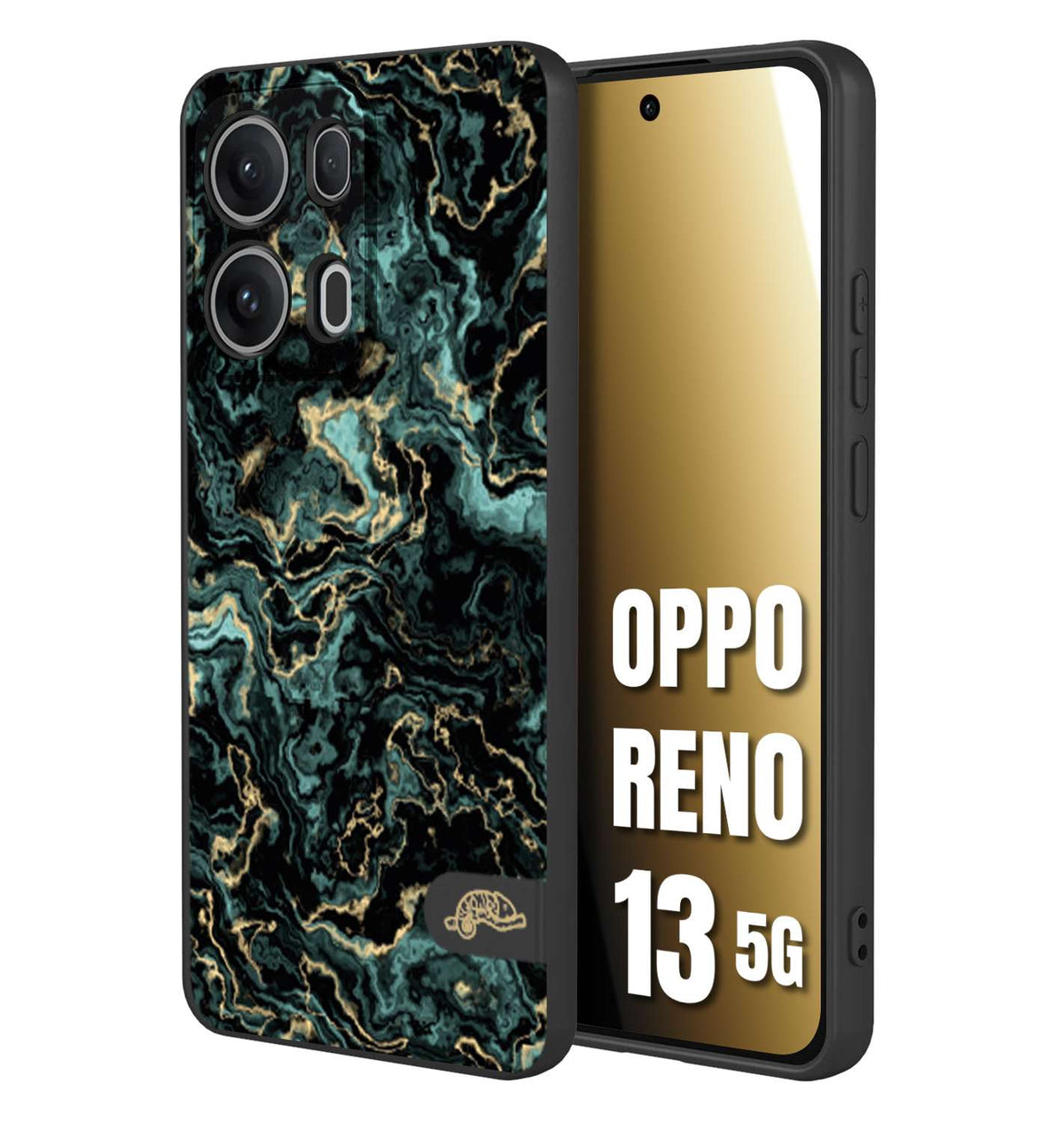 CUSTOMIZZA - Custodia cover nera morbida in tpu compatibile per Oppo Reno 13 5G effetto marmo marble verde green venature dorato pietra