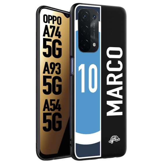 CUSTOMIZZA - Custodia cover nera morbida in tpu compatibile per Oppo A74 5G - A93 5G - A54 5G personalizzata calcio football nome e numero calciatori biancoazzurri bianco celesti