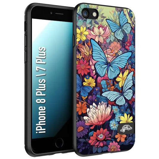 CUSTOMIZZA - Custodia cover nera morbida in tpu compatibile per iPhone 7 Plus - 8 plus farfalle butterfly moderno donna disegnate gialla blu rosa