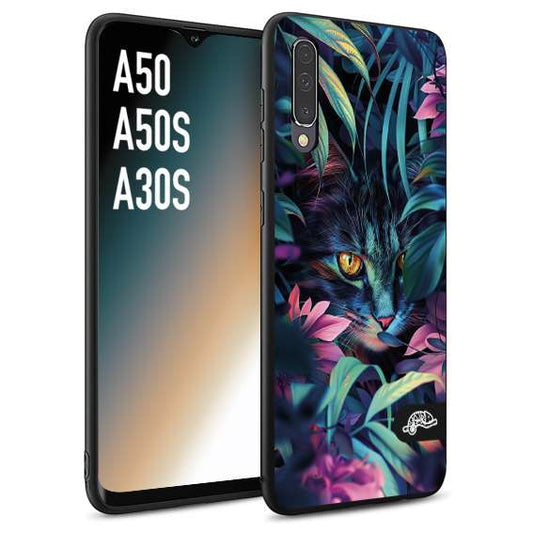CUSTOMIZZA - Custodia cover nera morbida in tpu compatibile per Samsung A50 - A50S - A30S animali color giungla tropicale occhio di gatto colori vibranti disegnato