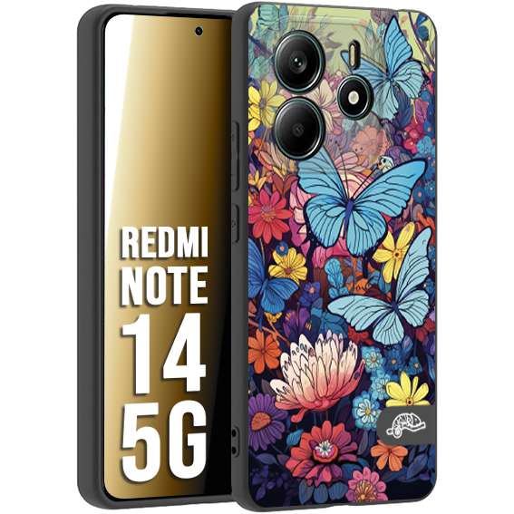 CUSTOMIZZA - Custodia cover nera morbida in tpu compatibile per Xiaomi Redmi Note 14 5G farfalle butterfly moderno donna disegnate gialla blu rosa