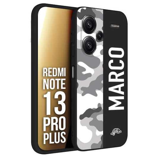CUSTOMIZZA - Custodia cover nera morbida in tpu compatibile per Xiaomi Redmi Note 13 PRO PLUS camouflage mimetico militare personalizzata nome bianco