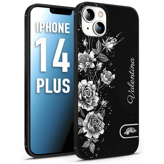 CUSTOMIZZA - Custodia cover nera morbida in tpu compatibile per iPhone 14 PLUS a rilievo soft touch personalizzata nome rose fiori donna