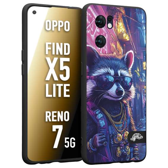 CUSTOMIZZA - Custodia cover nera morbida in tpu compatibile per Oppo Reno 7 - Find X5 LITE animali simpatici cyberpunk procione racoon street cat fucsia blu giallo
