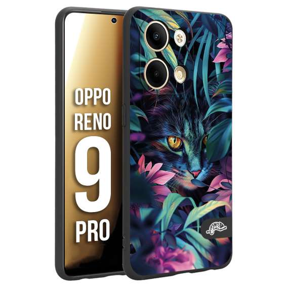 CUSTOMIZZA - Custodia cover nera morbida in tpu compatibile per Oppo Reno 9 PRO animali color giungla tropicale occhio di gatto colori vibranti disegnato
