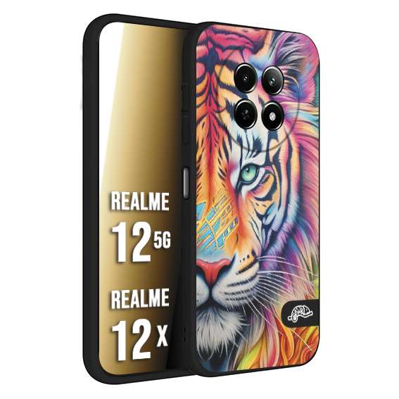 CUSTOMIZZA - Custodia cover nera morbida in tpu compatibile per Realme 12 5G - 12X animali color tigre tiger viso colori vibranti disegnato schizzo
