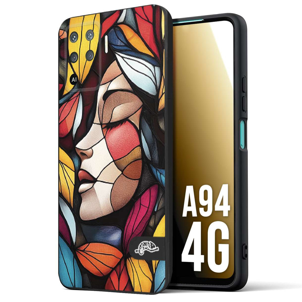 CUSTOMIZZA - Custodia cover nera morbida in tpu compatibile per Oppo A94 4G Vetrata artistica volto di donna profilo fogliare mosaico di vetro colorato