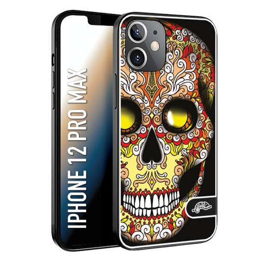 CUSTOMIZZA - Custodia cover nera morbida in tpu compatibile per iPhone 12 PRO MAX teschio messicano Mexican skull giallo rosso arancio