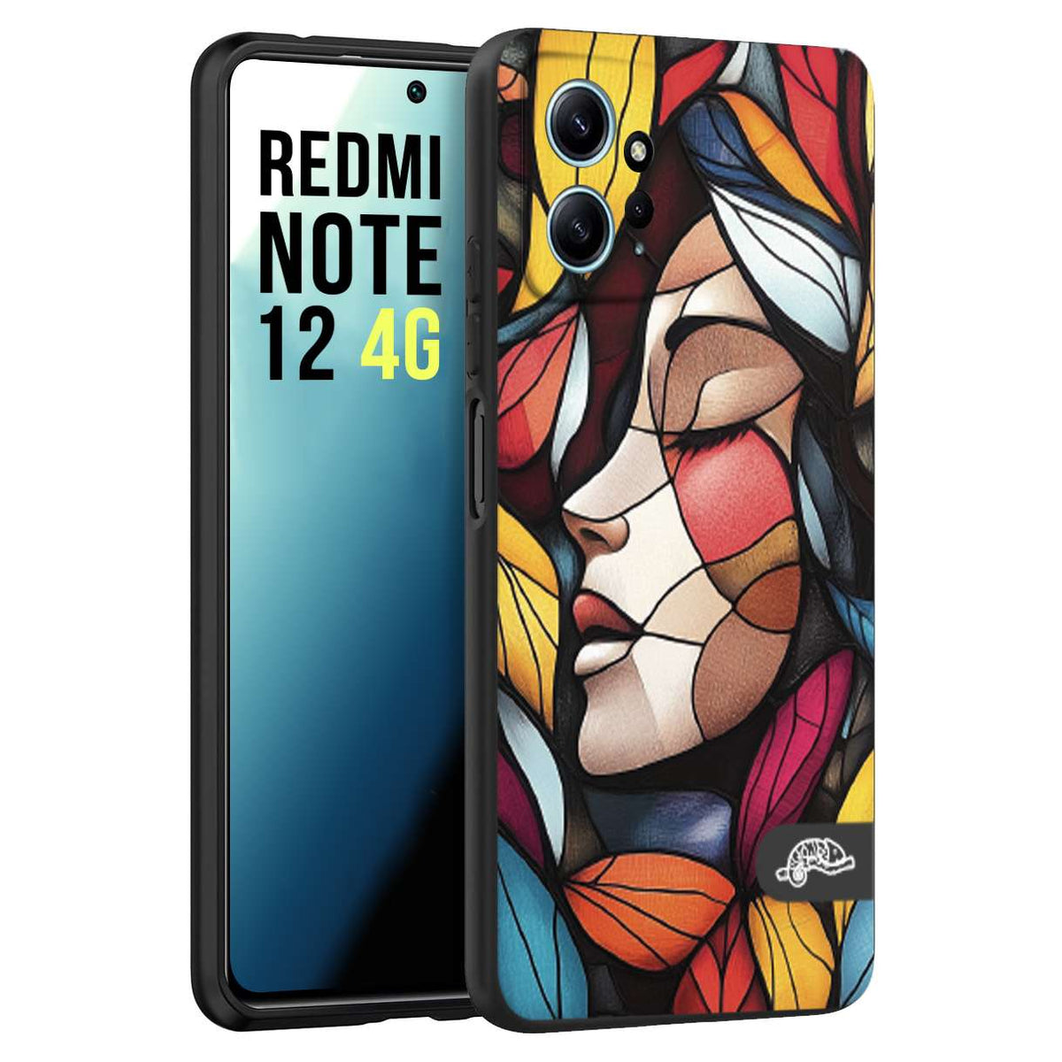 CUSTOMIZZA - Custodia cover nera morbida in tpu compatibile per Xiaomi Redmi Note 12 4G Vetrata artistica volto di donna profilo fogliare mosaico di vetro colorato