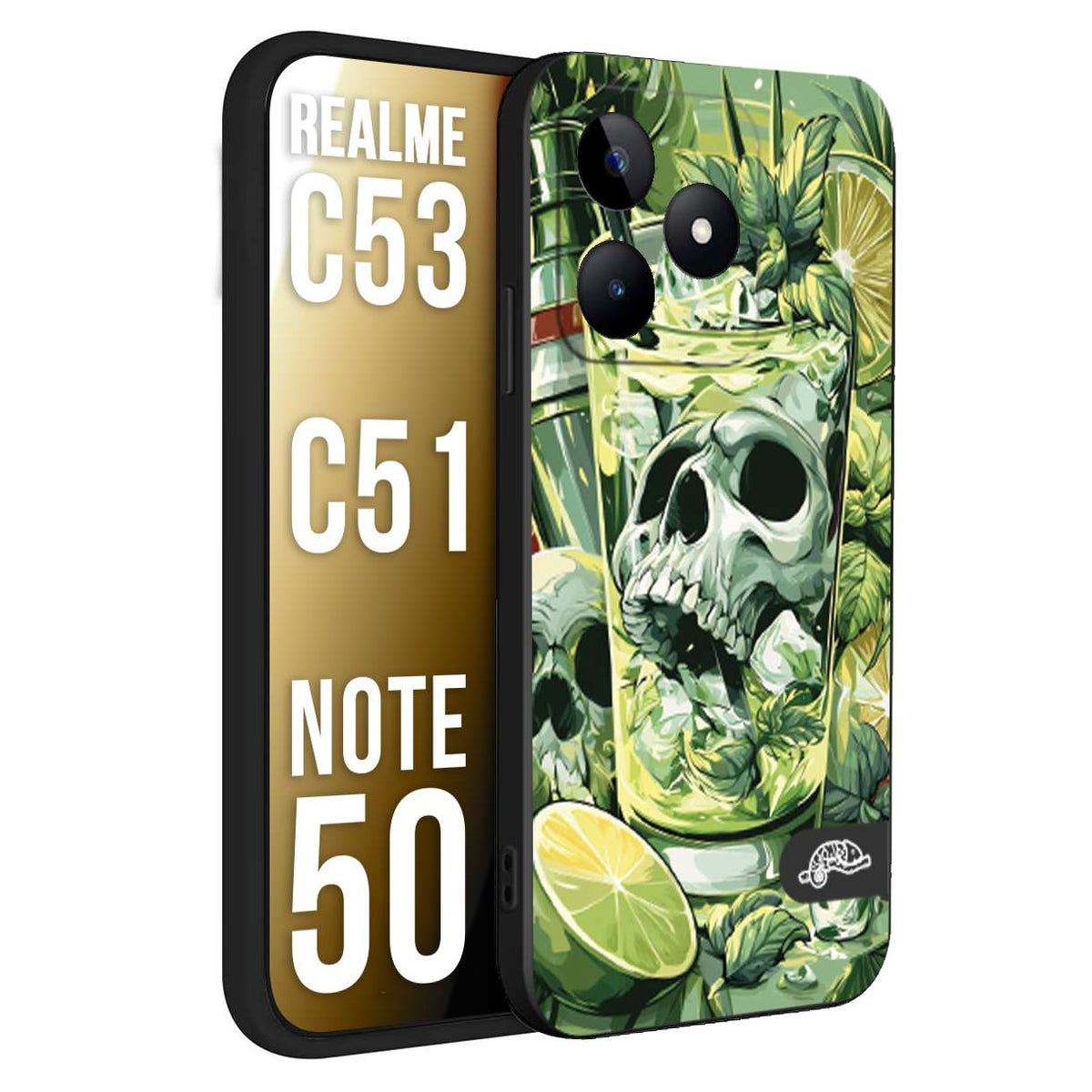CUSTOMIZZA - Custodia cover nera morbida in tpu compatibile per Realme C53 - C51 - NOTE 50 Mojito cocktail teschio illustrazione drink lime menta ghiacci tropicale street art
