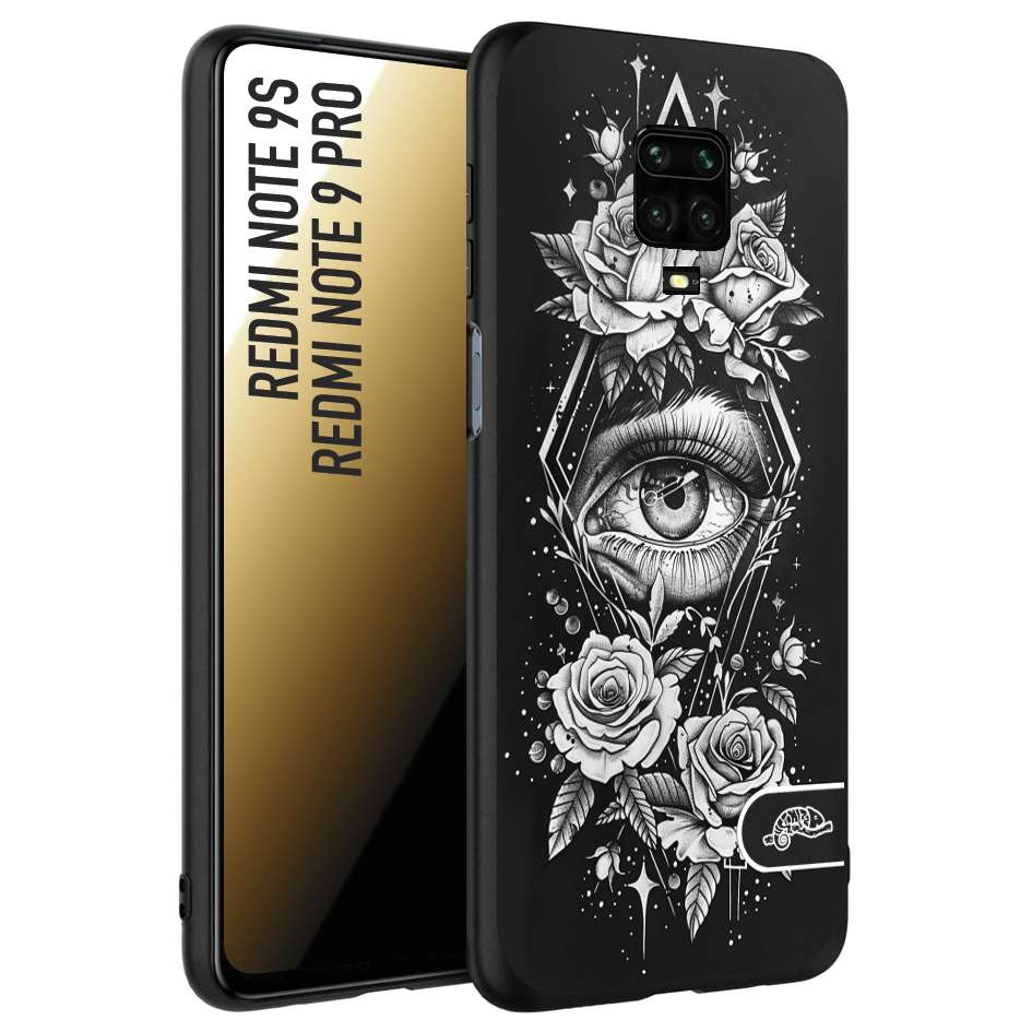 CUSTOMIZZA - Custodia cover nera morbida in tpu compatibile per Xiaomi Redmi Note 9S - Note 9 PRO occhio fiori rombo geometrico black and white bianco a rilievo disegnato tattoo tatuaggio