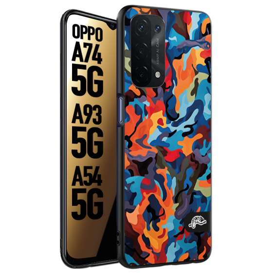 CUSTOMIZZA - Custodia cover nera morbida in tpu compatibile per Oppo A74 5G - A93 5G - A54 5G camouflage mimetico militare moderno blu arancio rosso