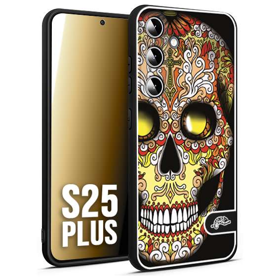 CUSTOMIZZA - Custodia cover nera morbida in tpu compatibile per Samsung S25 PLUS teschio messicano Mexican skull giallo rosso arancio