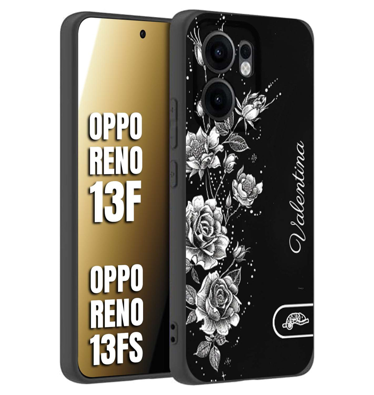 CUSTOMIZZA - Custodia cover nera morbida in tpu compatibile per Oppo Reno 13 F personalizzata rilievo soft touch nome rose fiori donna